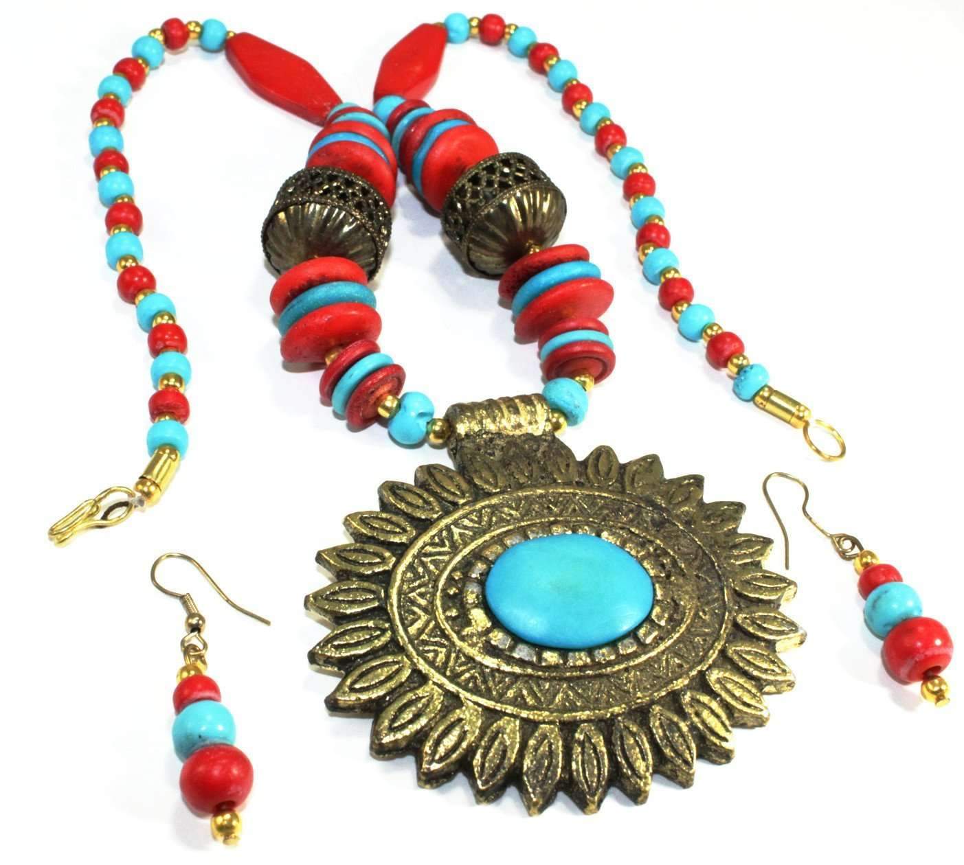 Flower Medallion Boho Necklace + Earrings Set