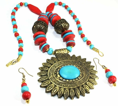 Flower Medallion Boho Necklace + Earrings Set