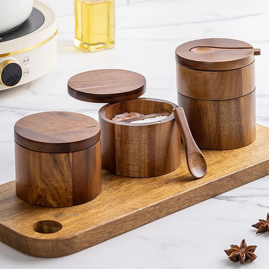 Acacia Wood Salt Cellar with Spoon and Swivel Lid