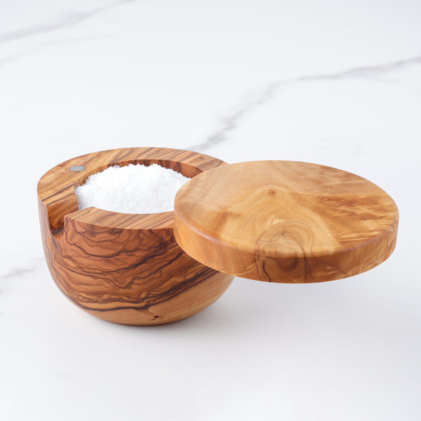 Handmade Olive Wood Salt Cellar + Scoop + Magnetic Lid