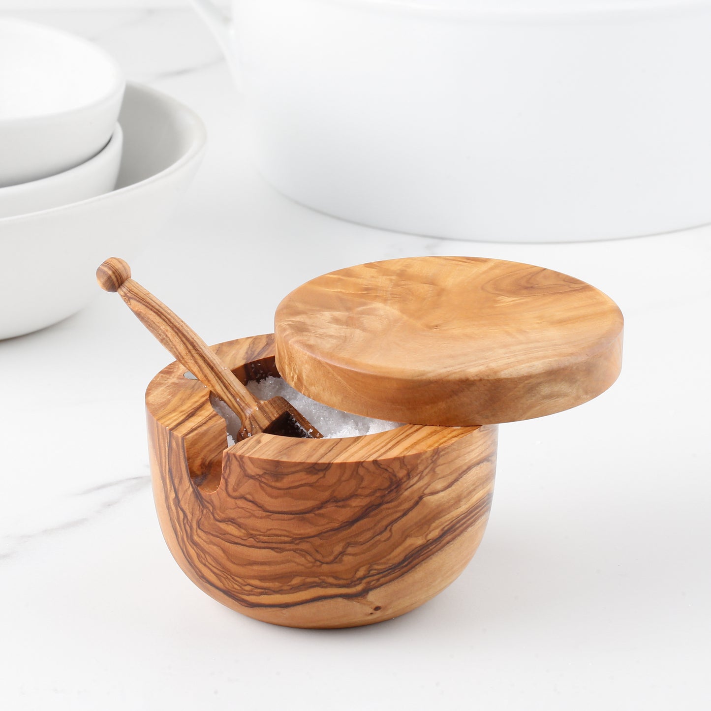 Handmade Olive Wood Salt Cellar + Scoop + Magnetic Lid