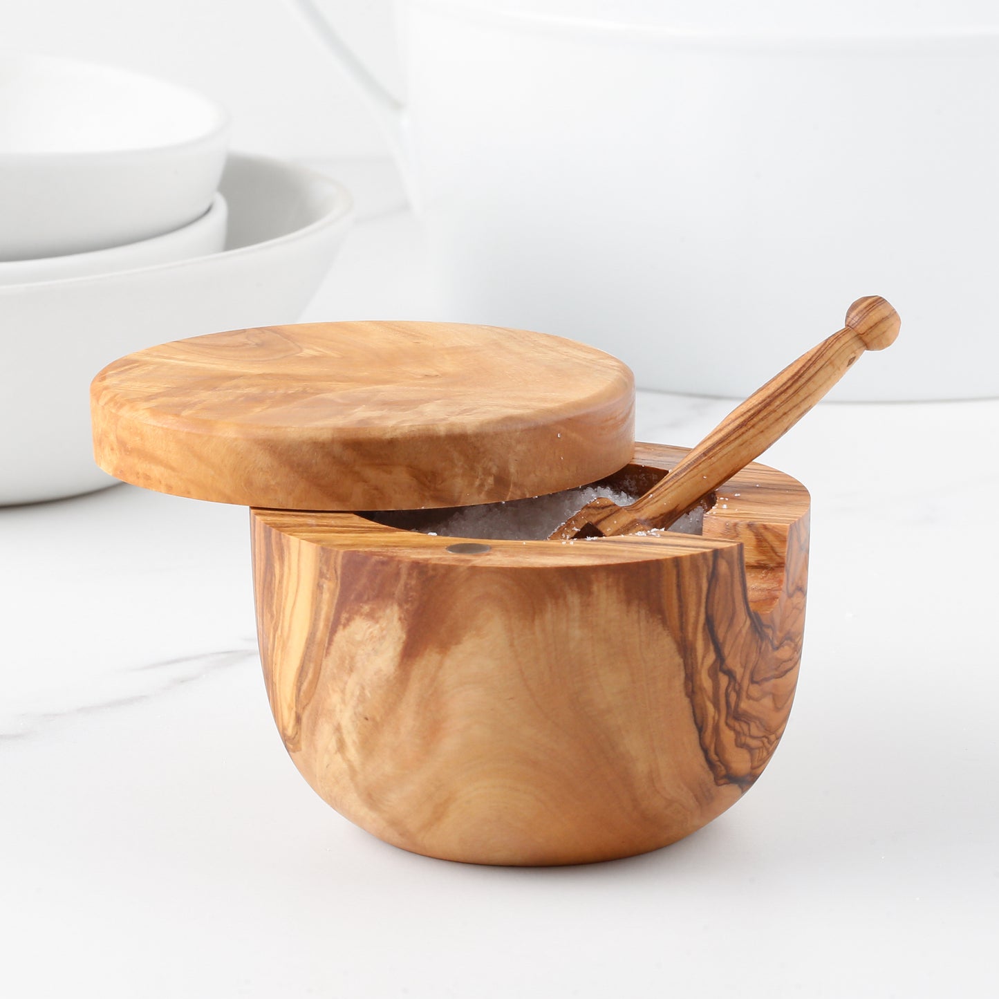 Handmade Olive Wood Salt Cellar + Scoop + Magnetic Lid