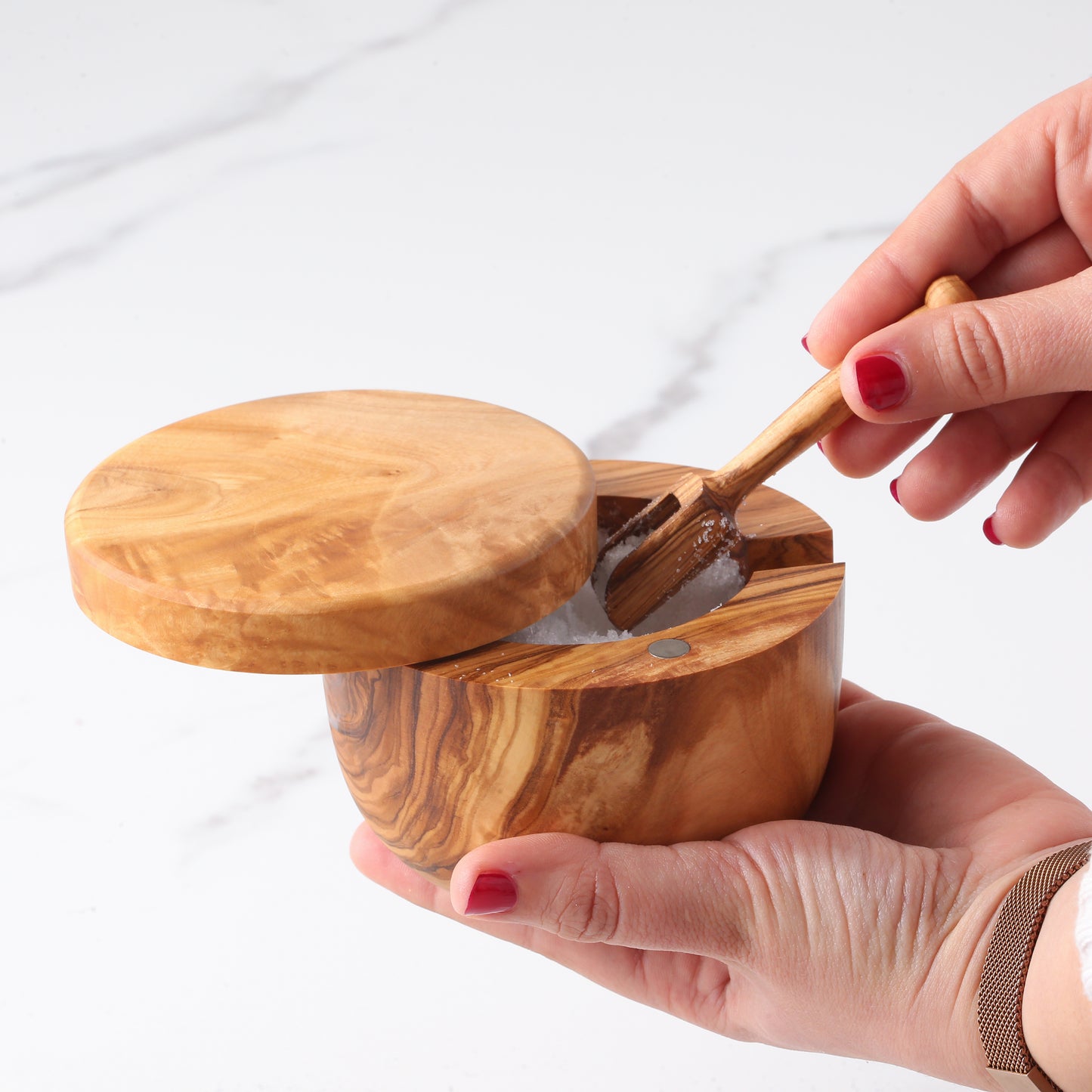 Handmade Olive Wood Salt Cellar + Scoop + Magnetic Lid