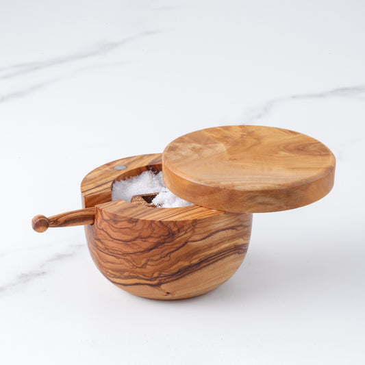 Handmade Olive Wood Salt Cellar + Scoop + Magnetic Lid