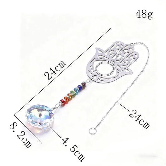 Hanging Lucky Fati Hand Sun Pendant Rainbow Crystal